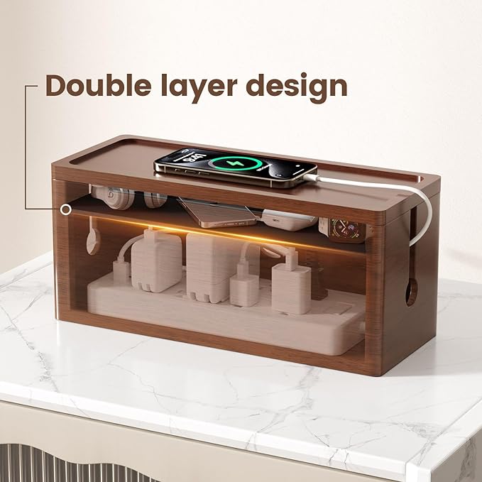 HomeBliss Extra Large Cable Management Box – Brown Double Layer Wooden Cord Organizer with Divider for Desk, TV Stand, Kitchen, and Office （NO Power Strips or Chargers）