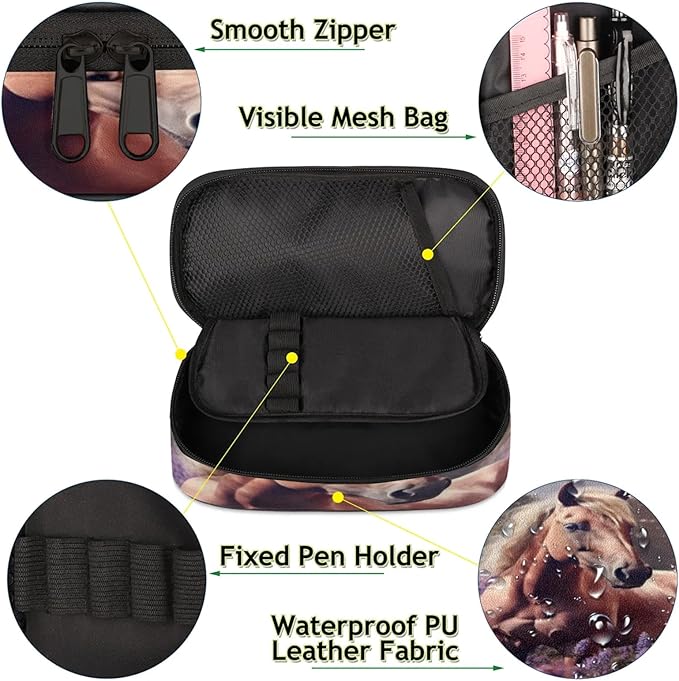 Pardick Pencil Case，Horse Lavender Big Capacity Pencil Pouch Coin Pouch Stationery Organizer For Teen School