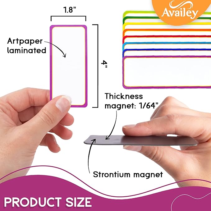Availey 32 Pieces (4 x 1.8) - Colored Border Magnetic Dry Erase Labels - Reusable Strips for Classroom Home Office Garage Refrigerator - Blank Writable Erasable Cards Name Tags Students Locker Shelf