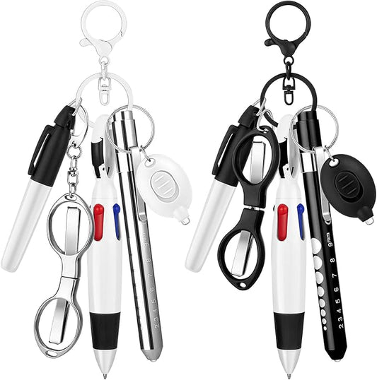 12 pcs Nurse Pen Set Two Colors Black Silver Include Permanent Marker Pen Pen Lights for Nurses Retractable Ballpoint Pen Nursing Keychain Clip Foldable Scissors LED Flashlight Keychain for Nurses