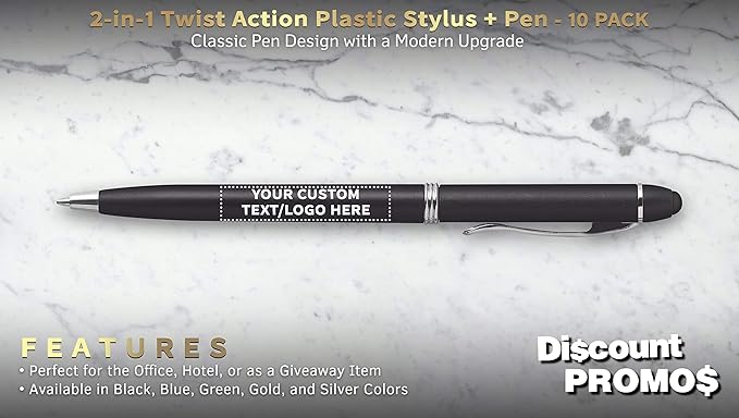DISCOUNT PROMOS Custom Twist Action Plastic Stylus Pens, Set of 10, Personalized Bulk Pack - Pens for Work, Cool Pens for Writing, Black Ink - Black