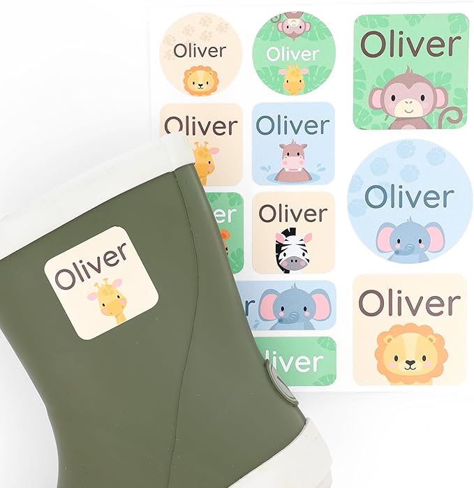 Large Name Labels for Kids (33) - Custom Stickers for Daycare and School Supplies - Durable, Waterproof Stickers for Water Bottles, Lunch Boxes, and More with Unique Designs - Exotic Animals