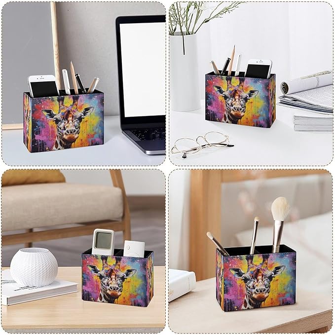 Famame Graffiti Vintage Giraffe Pencil Holder for Desk, Leather Desktop Container Pen Cup Storage Study Table Pen Organizer Makeup Brush Holder for Classroom Office Home