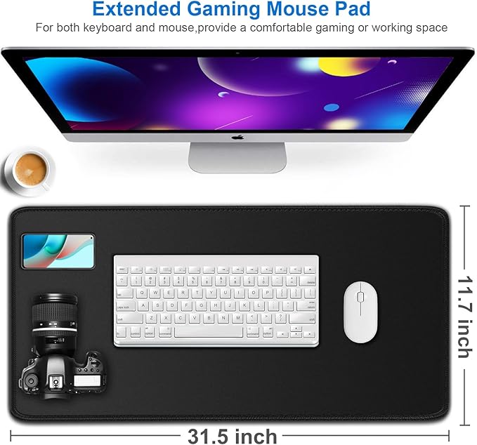 Large Extended Gaming Mouse Pad, Water Resist Non-Slip Mousepad Rubber Base Long Desk Mouse Pad with Stitched Edges, Computer Keyboard Mouse Mat for Gaming, Office & Home, 31.5 x 11.7 in, Black