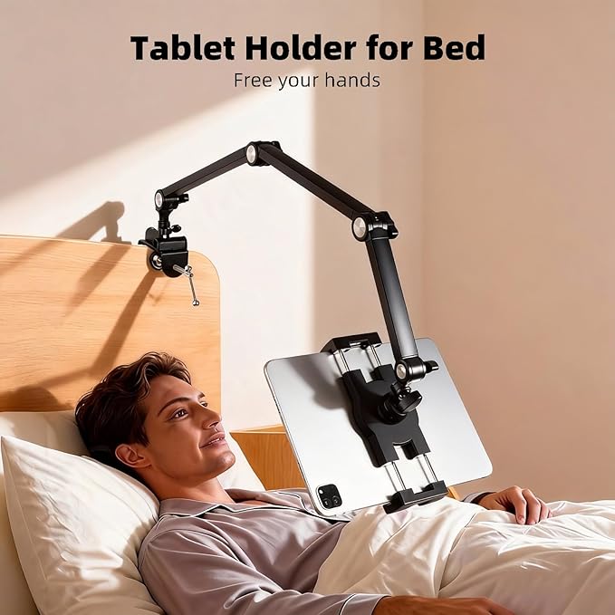 ZUZUXI Tablet Stand Holder for Desk and Bed, Adjustable Aluminum Foldable Arm iPad Mount Clamp on Table Compatible with iPad Air Mini, Galaxy Tabs, 4.7-12.9" Tablets and Phones