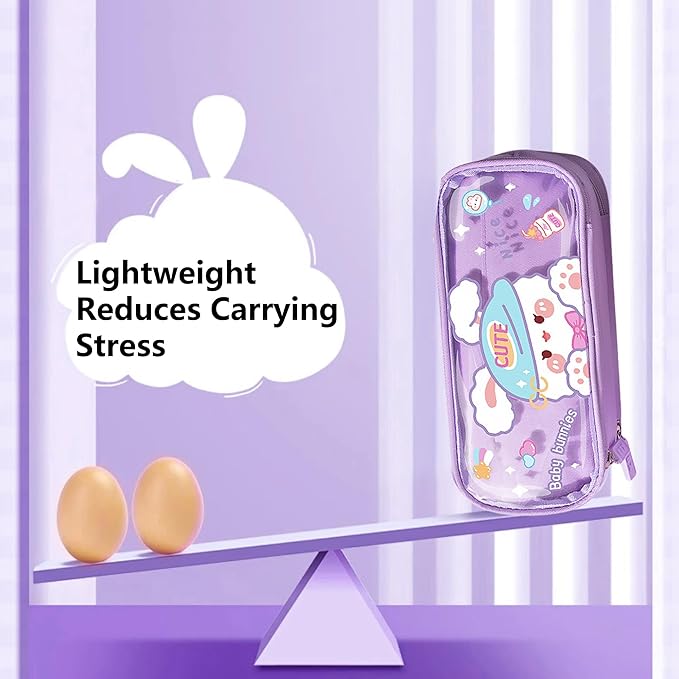 UINSUE Cute Pen case Adorable Bunny Transparent 3-Layer Large Capacity Pencil Case Gadget organizer with Lovely Stickers (Purple-Doggy)