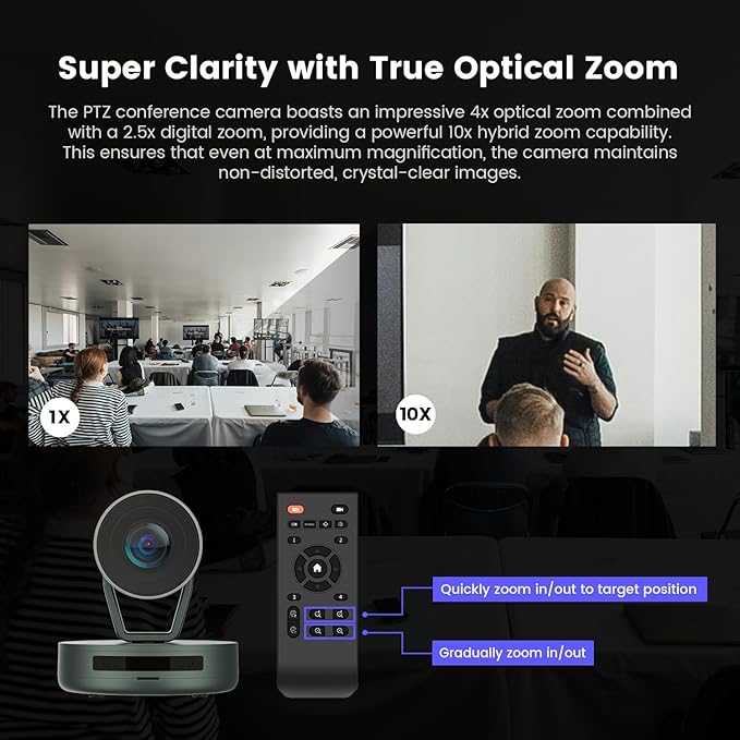 NEARITY Conference Room Camera System, 10X Hybrid Zoom Camera, Noise Reduction, All-in-One for Video and Audio Conferencing, 2K PTZ Webcam | USB Conference Speakerphone Microphone for up to 323ft²