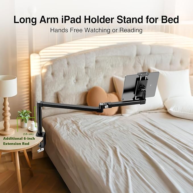 elitehood 28in Long Arm iPad Desk Mount, Heavy Duty Aluminum Tablet Arm Mount for Desk Bed Sofa, Compatible with iPad Pro 13/12.9 Air Mini, iPhone, Portable Monitor and 4.7-13in Tablets