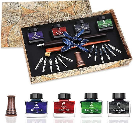 YICMY Calligraphy Pen Set,Calligraphy Set For Beginners Includes Oblique Pen Wooden Calligraphy Pen 12 Pen Nibs & 4 Different Color Inks Dip Pen Set Fountain Pen Set Retro Gift