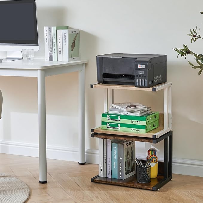 IBUYKE Under Desk Printer Stand, 2-Tier, Mobile Home Desktop Organizer Shelf with 4 Wheels, for Printer, Fax, Home Office Use, Light Wood UTLJ007R