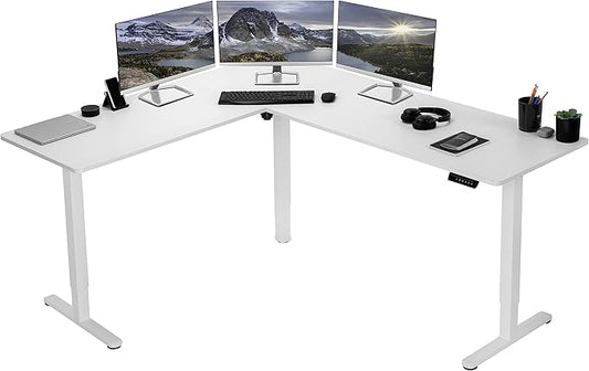 VIVO Electric Corner 75 x 63 inch L-Shaped Standing Desk, Memory Height Adjustment, White Top White Frame, DESK-E3CTW-75