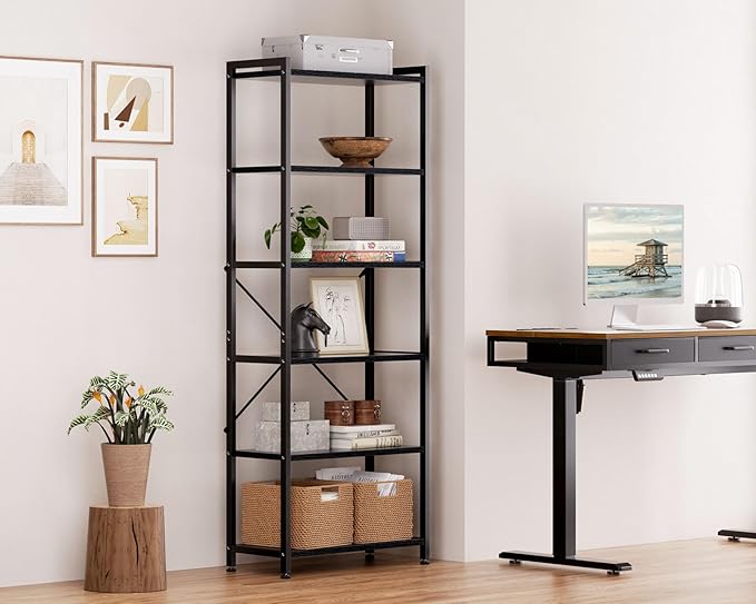 Casaottima Book Shelf, 6 Tier Tall Bookshelf, Modern Wood Bookcase Shelves for Bedroom, Industrial Display Shelf for Living Room Home Office Kitchen, Standing Shelving Unit Storage Organizer, Black
