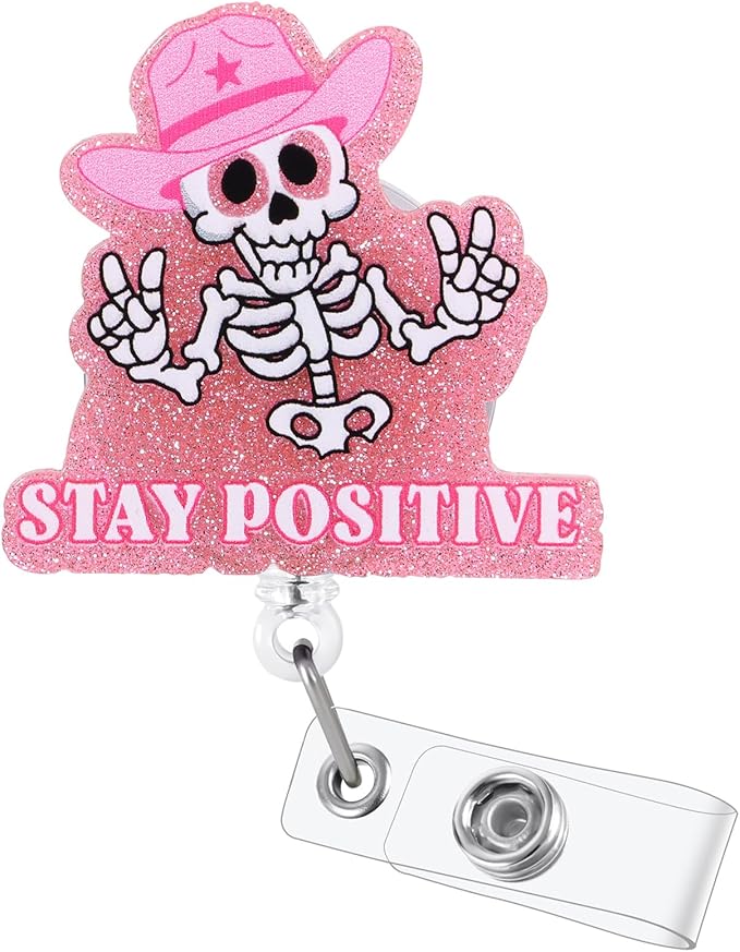 Stay Positive Skull Funny Nurse Badge Reel, Retractable ID Card Badge Holders, Medical Badge Clip for Radiology ER ED RT(R) CT Radiologists Nurses Radiologic Technologists CNA RN LPN Social Workers