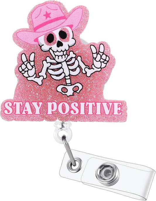 Stay Positive Skull Funny Nurse Badge Reel, Retractable ID Card Badge Holders, Medical Badge Clip for Radiology ER ED RT(R) CT Radiologists Nurses Radiologic Technologists CNA RN LPN Social Workers