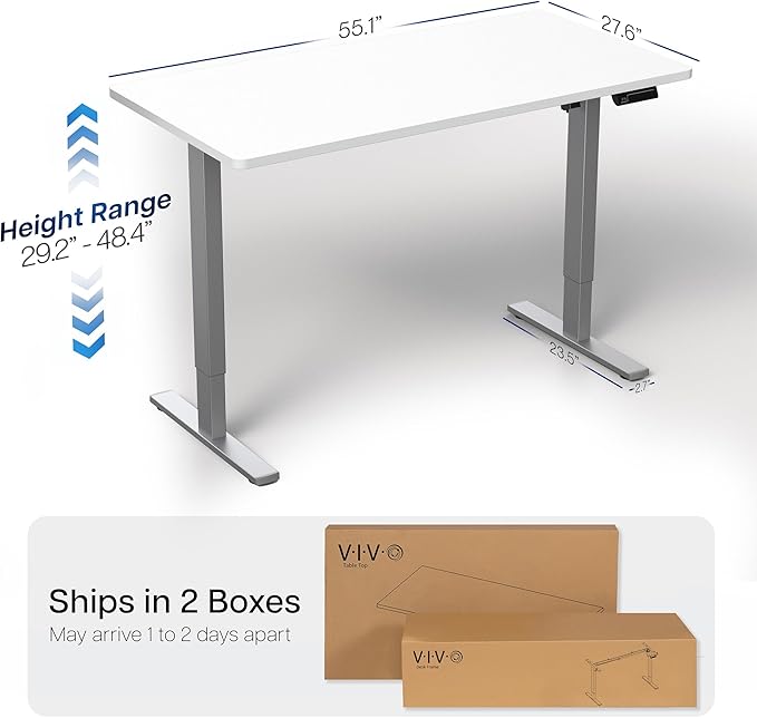 VIVO Electric 55 x 28 in Standing Desk, Memory Height Adjustment, 1B Series, Holds 220 lbs, One-Piece White Top, Gray Frame, DESK-KIT-1G55W
