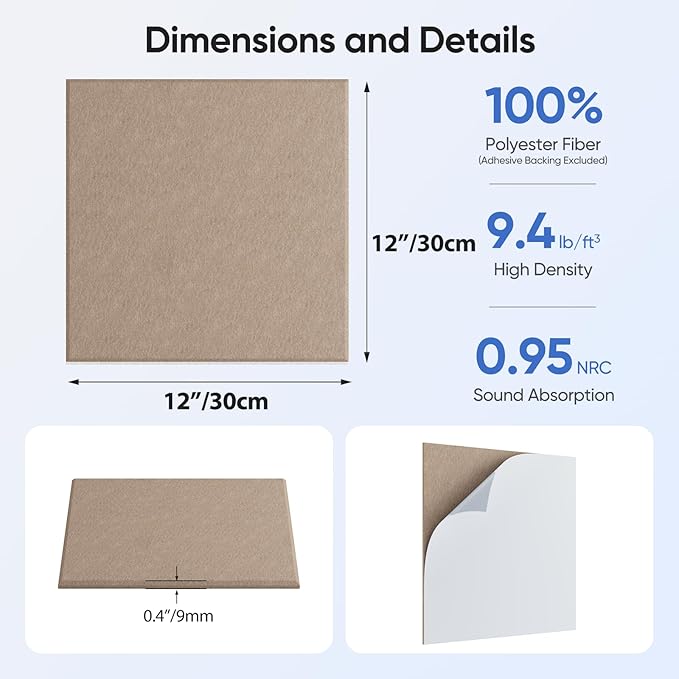 UNECHO 12 Pack 12" X 12" X 0.4" Acoustic Panels for Wall Sound Absorbing,Square Self-Adhesive Sound Panels, High Density Suitable for Multiple Scenarios(Dark Camel)