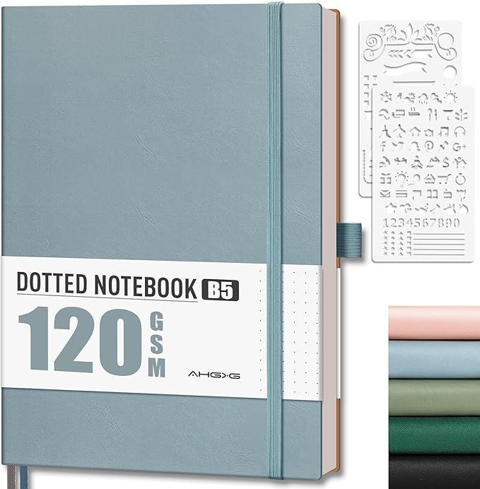 AHGXG Bullet Dotted Journal - Dot Grid Notebook Journal, 120 GSM Thick Acid-Free Paper, Large B5 Dotted Notebook 96 Pages, Leather Softcover, Inner Pocket, Journal Stencil, 7.6'' X 10'' - Gray Blue