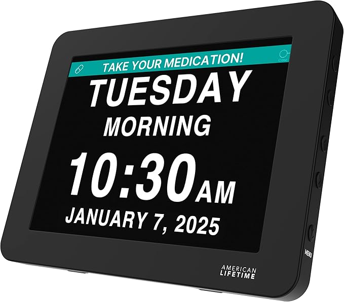American Lifetime New 2026 Dementia Clock Large Digital Clock for Seniors, Alzeimer Clock Large Display with Custom Alarms, Clock with Day & Date for Elderly, Digital Calendar Premium Black Pro