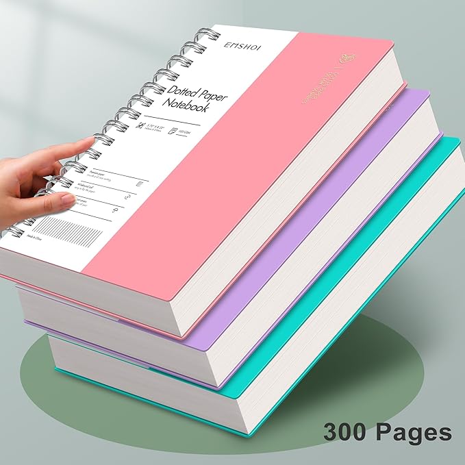 EMSHOI A5 Spiral Notebook Bullet Dotted journal, Small 5.7" X 8.22", 300 Pages/150 Sheets, 100gsm Dot Grid Paper, Waterproof Hardcover, for Office School Women Men Work Writing Notes-Pink