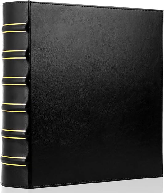 LETVPVOW Vintage Hardback 3 Ring Binder 2 Inch, Professional Leather Binders 2 Inch D Ring, Holds 400 Sheets Capacity - Black