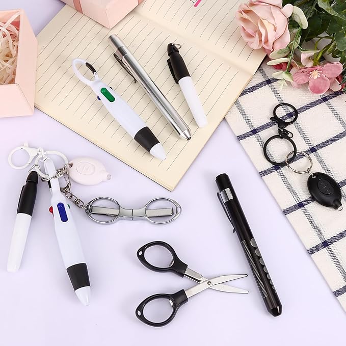 12 pcs Nurse Pen Set Two Colors Black Silver Include Permanent Marker Pen Pen Lights for Nurses Retractable Ballpoint Pen Nursing Keychain Clip Foldable Scissors LED Flashlight Keychain for Nurses
