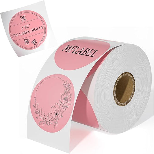 MFLABEL 2" 750 Pink Circle Direct Thermal Stickers Labels Roll, Compatible with Zebra, Rollo, MUNBYN, Self-Adhesive Round Direct Thermal Labels