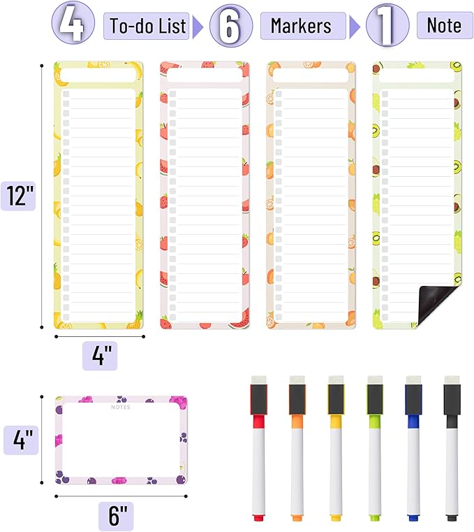 Mr. Pen- 4" x 12" Magnetic Dry Erase to Do List Set, 11 Pack, Fruit Style, 4X Dry Erase to Do List White Board, 6X Colorful Whiteboard Markers and 6" x 4" Magnetic Whiteboard Note