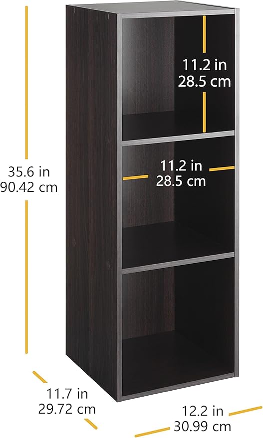 Whitmor 3 Cube Bookcase, 3 Tier Stackable MDF Bookself, Open Storage Display Organizer, Storage Cabinet for Living Room, Bedroom, Home, Office, 12.2" L x 11.7" W x 35.6" H, Espresso