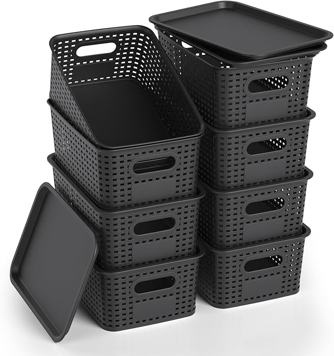 ZFTMRR Plastic Storage Basket with Lid, Stackable Small Box Bins for Organizing and Containers for Shelves Drawers Desktop Closet Playroom Pantry Classroom Office Home, 8 Pack 10.2x7.2x4.1 Inch, Black