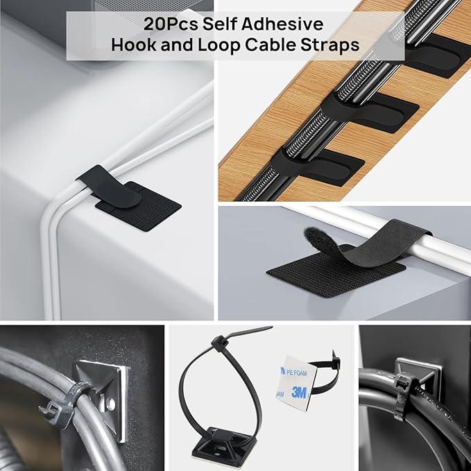Ditar Cable Management Kit - 4 Cable Sleeve, 57 Self Adhesive Cable Clips, 12 Hanging Strips, 12 Cable Organizer Straps and 100 Fastening Cable Ties for TV Computer Under Desk (Black and White)