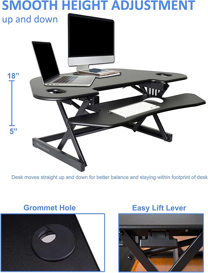 Rocelco 46" Height Adjustable Corner Standing Desk Converter with Dual Monitor Stand Bundle - Quick Sit Stand Up Computer Workstation Riser - Extra Large Keyboard Tray - Black (R CADRB-46-DMS)