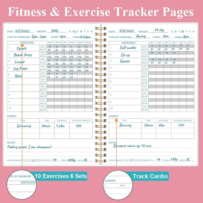 Fitness Journal for Women & Men - A5 Workout Journal/Planner Daily Exercise Log Book to Weight Loss, Gym, Muscle Gain, Bodybuilding Progress - Daily Personal Health & Wellness Tracker, Spiral-Bound, 5.8" x 8.3", Pink