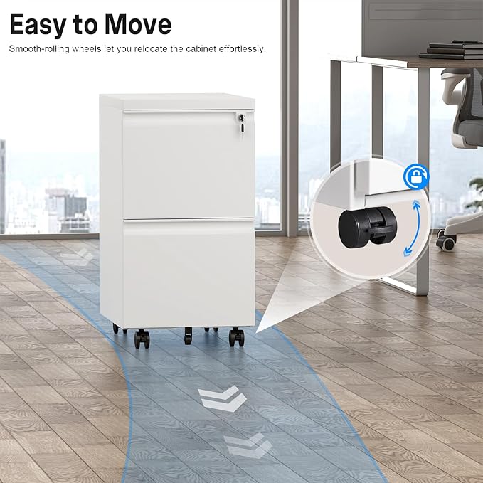 HOMOFFICE 2 Drawer File Cabinet with Lock, Metal Mobile Filing Cabinet on Wheels, Compact Desk Side Storage Cabinet for Home Office, Letter/Legal/A4 File Organizer with Anti-Tip Wheel (White)
