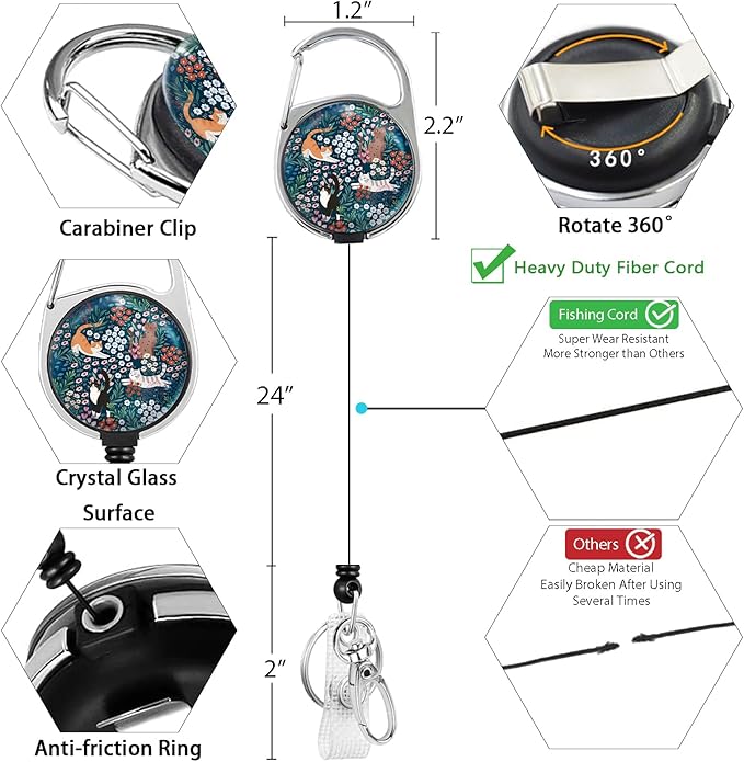 Giancomics Floral Cats Lanyards for Id Badges, Flower ID Badge Holder with Retractable Reel, Teacher Lanyard with Keychain Key Clip Carabiner Name Tag Card Holder Protector Office Women Gift