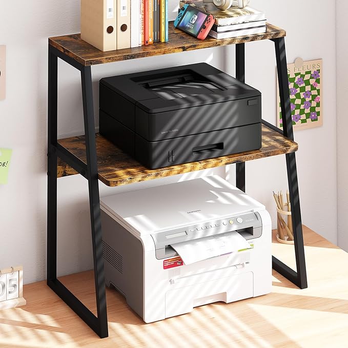 Arbuxzuy Printer Stand for Desk, Desktop Printer Shelf, 3 Tier Desk Shelf for top of Desk, Large Printer Stands Office Organization Shelves for Home Office Printer Fax Book, Rustic Brown