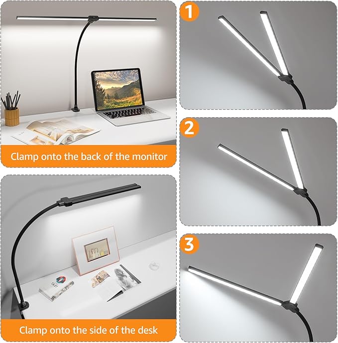 ShineTech Led Desk Lamp for Office Home, Bright Double Head Desk Light with Clamp, Architect Task Lamp 50 Lighting Modes Adjustable Flexible Lamp
