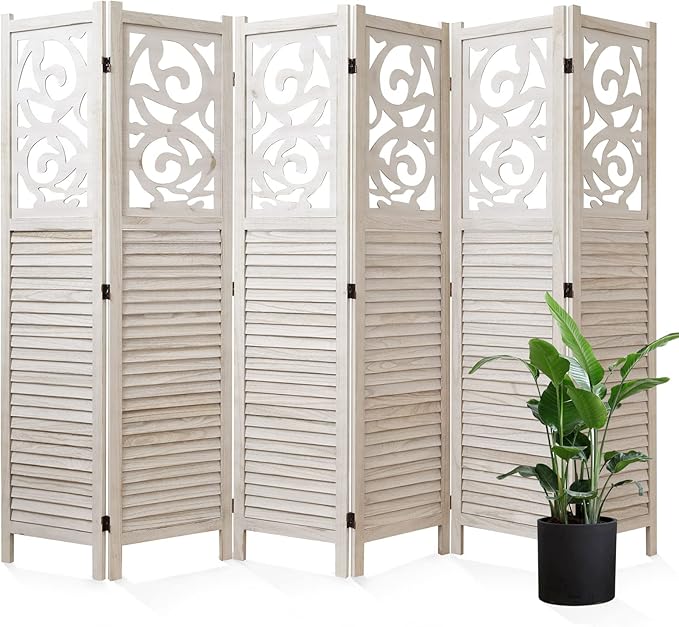 Room Divider Wood Carved Wall Divider Indoor Folding Portable Partition Screen for Home Office Garden Terrace - 6 Panel, 67 * 90inch (White)
