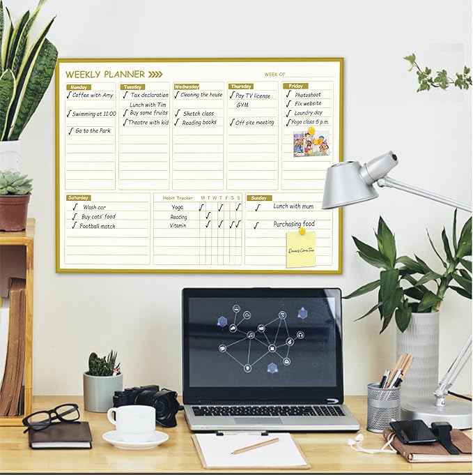 Large Weekly Dry Erase Board for Wall,20"x28",Gold Aluminum Frame Magnetic Weekly Planner Whiteboard for to Do List, Memo, School, Home, Office, Kitchen