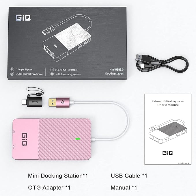 USB Docking Station GIQ USB C HUB USB 3.0 to Dual HDMI VGA Adapter Triple Display USB C Laptop Docking Station Dual Monitor HDMI Splitter Extender Compatible with MacBook M1 M2 USB Dock-Rose Gold