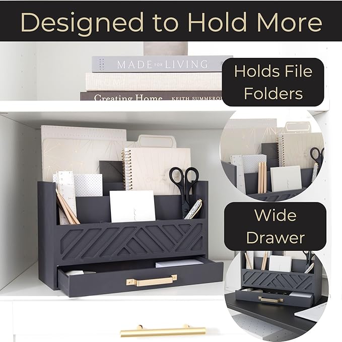 BLU MONACO | Grey Wooden Desk Organizer With Drawer | MDF Wood Desktop Organizer With Gold Handle | Multi-Compartment Desk Storage For Office Stationery | Home Office Organization