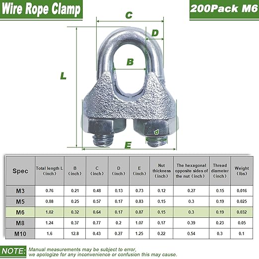 200PCS M6 Galvanized Zinc-Plated Wire Rope Cable Clamp Clips, 1/4" Wire Cable Clamps with U-Bolt Saddle Fasteners for Secure Rigging & Marine Use