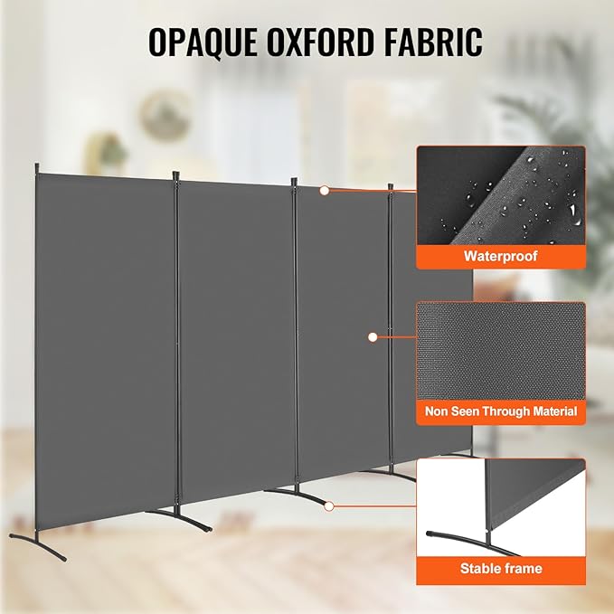 VEVOR Room Divider, 4 Panel Room Divider, Folding Privacy Screen and Portable Partition Divider for Room Separation, Freestanding Room Partitions for Office, Bedroom, Study, Grey