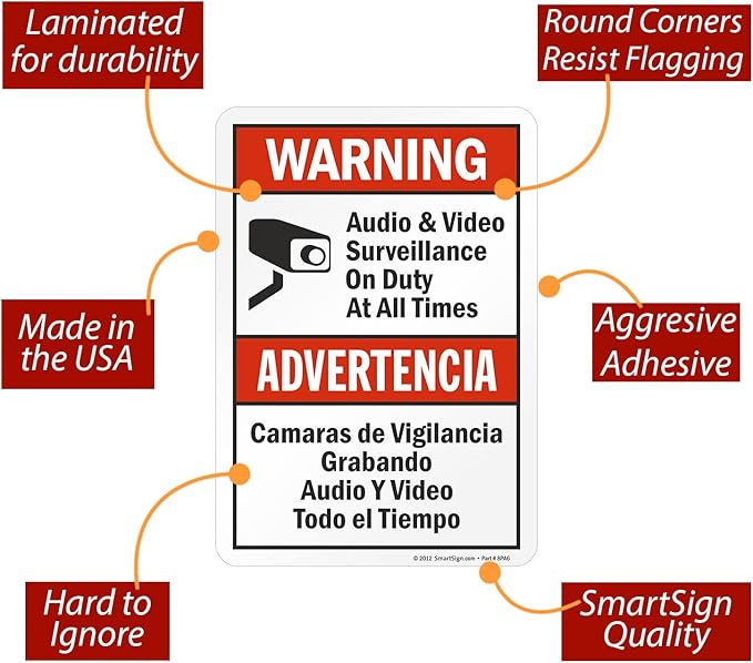 SmartSign 10 x 7 inch “Warning - Audio & Video Surveillance On Duty At All Times” Bilingual Sticker Label, 3 mil Laminated Adhesive Polyester, Red, Black and White, Made in USA