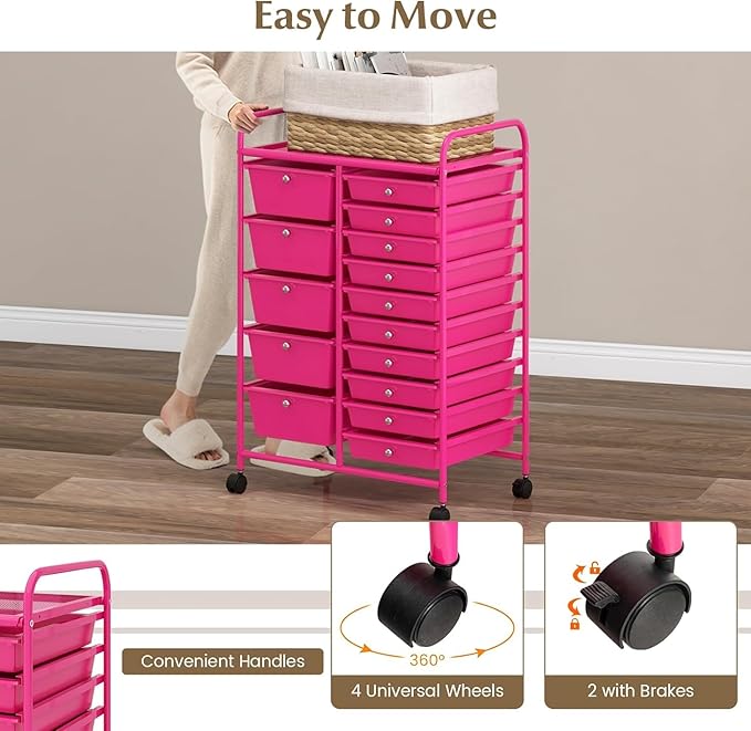 LDAILY 15 Drawer Rolling Storage Cart, Rolling Cart with Drawers for Classroom, Art Supply Craft Organizer on Wheel with Metal Frame & Handles for Home Office School