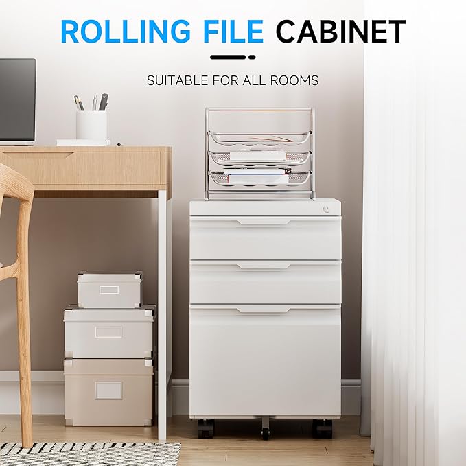Bestoo 3-Drawer Mobile File Cabinet with Lock, Metal Filing Cabinet on Wheels for Home Office Under Desk, Fits File Folders, Letter/Legal/F4/A4 Size, Assembly Required (White)