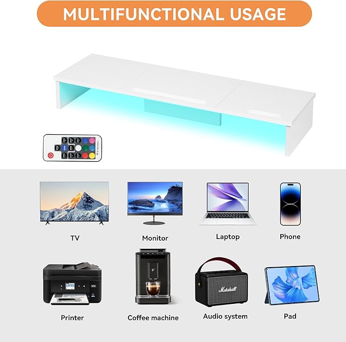 Qupui TV Riser Stand with LED Lights, 42.5in Super Large Monitor Stand with Phone Tablet Holder, Tabletop TV Stand Riser for Desk, Desktop Organizer for Computer, TV, Laptop, Printer