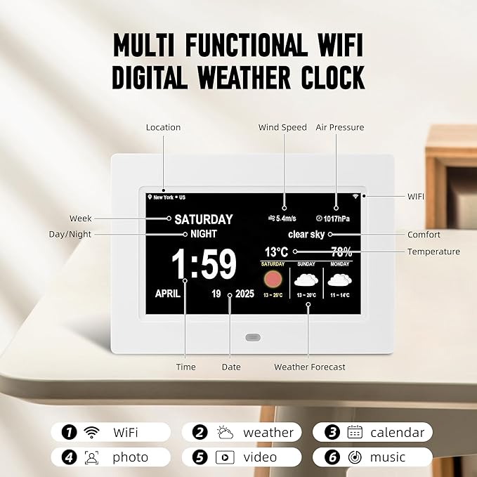 Memwake Digital Alarm Clock, Multiple Alarm Functions, Clock with Date and Day, Digital Alarm and Electronic Calendar for Seniors (White, 7 inch) (7-inch White WiFi)
