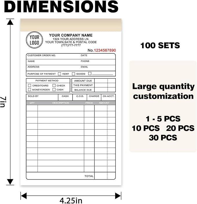 Custom Invoice Book with Logo 100 Set Personalized Receipt Books Customized Invoices for Small Business 2 - Parts Carbonless Duplicate Invoice Forms NCR Books