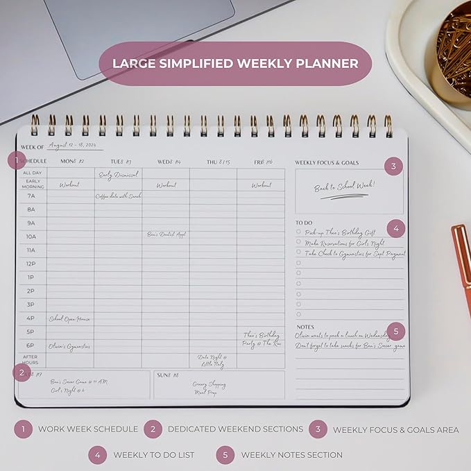Merely Home | Durable & Sleek | Undated Daily and Weekly Planner | 8.25" x 11.75" | To Do List Notebook for Work | Simple Design | Multiple Layouts | Planner and Notebook in One (Rust, Weekly Schedule - Landscape)