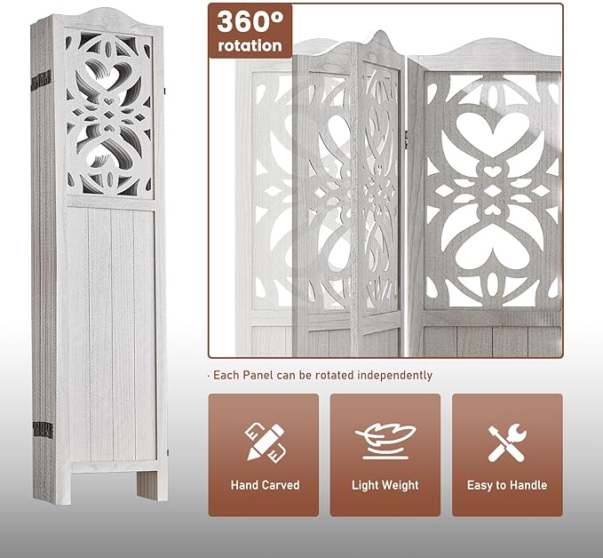 ALeesing 6 Panel Room Divider Fully Assembled, Carved Room Dividers and Folding Screens, 5.6Ft Wood Room Divider Screen Freestanding Partition Wall Dividers for Home Bedroom Office, Rustic White
